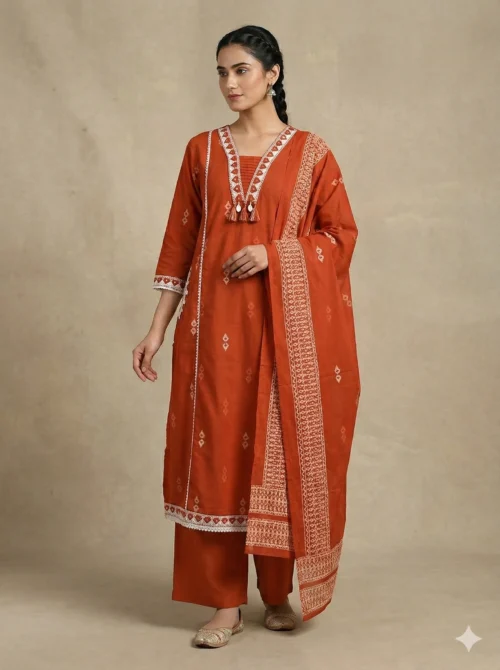 Pure Premium Cotton Ikkat Printed Beautiful Neck Kurta With Palazzo And Dupatta