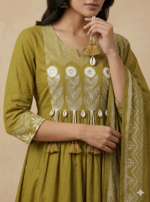 Elegant Front Pleats Green Kurta with Beautifully Printed Palazo & Dupatta