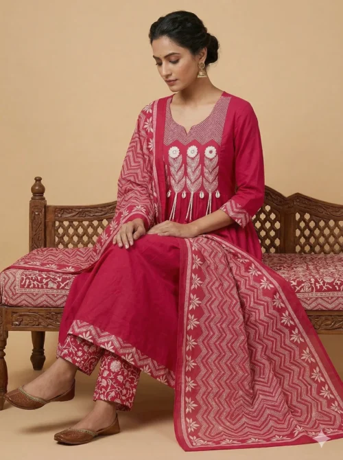 Elegant Front Pleats Pink Kurta with Beautifully Printed Palazo & Dupatta