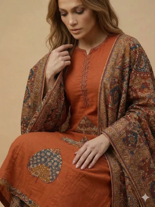 Kantha Handwork Trendy Rust Kurta with Beautifully Printed Pant and Dupatta