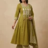 Elegant Front Pleats Green Kurta with Beautifully Printed Palazo & Dupatta