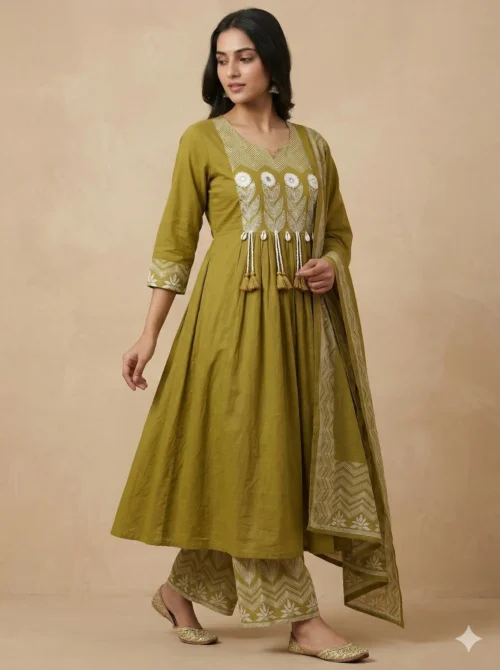 Elegant Front Pleats Green Kurta with Beautifully Printed Palazo & Dupatta