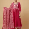 Elegant Front Pleats Pink Kurta with Beautifully Printed Palazo & Dupatta