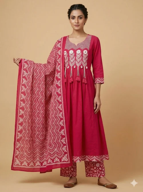 Elegant Front Pleats Pink Kurta with Beautifully Printed Palazo & Dupatta