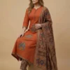 Kantha Handwork Trendy Rust Kurta with Beautifully Printed Pant and Dupatta