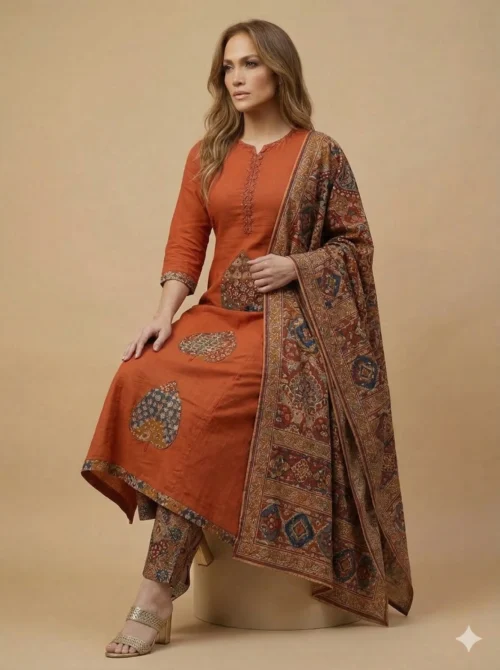 Kantha Handwork Trendy Rust Kurta with Beautifully Printed Pant and Dupatta