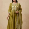 Elegant Front Pleats Green Kurta with Beautifully Printed Palazo & Dupatta