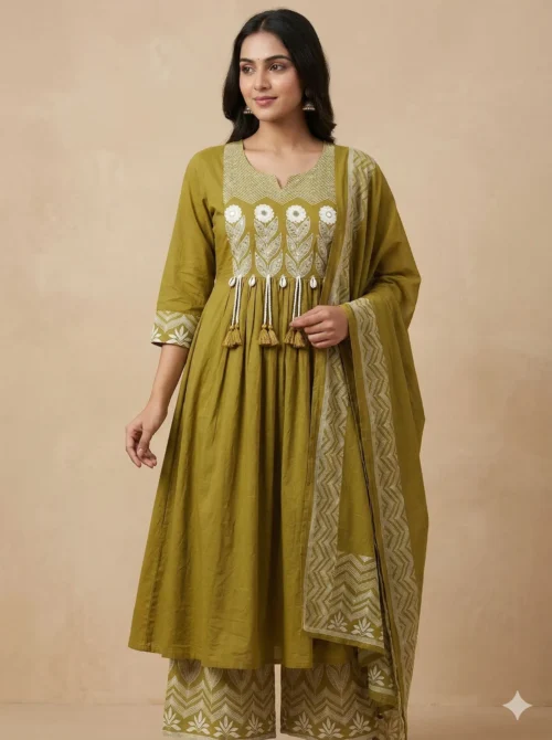 Elegant Front Pleats Green Kurta with Beautifully Printed Palazo & Dupatta
