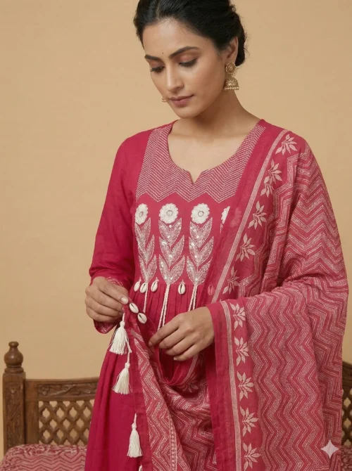 Elegant Front Pleats Pink Kurta with Beautifully Printed Palazo & Dupatta