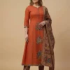 Kantha Handwork Trendy Rust Kurta with Beautifully Printed Pant and Dupatta