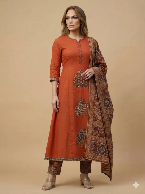 Kantha Handwork Trendy Rust Kurta with Beautifully Printed Pant and Dupatta