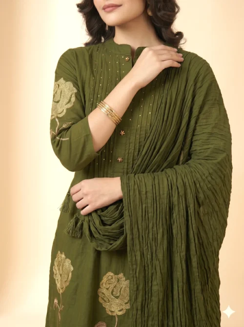 Premium Cotton Green Color Kurta Set with Rose Embroidery & Dupatta