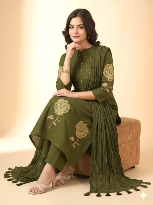 Premium Cotton Green Color Kurta Set with Rose Embroidery & Dupatta