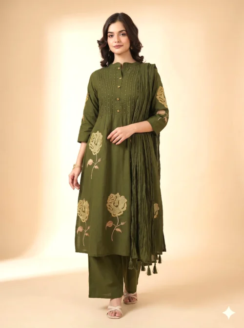 Premium Cotton Green Color Kurta Set with Rose Embroidery & Dupatta
