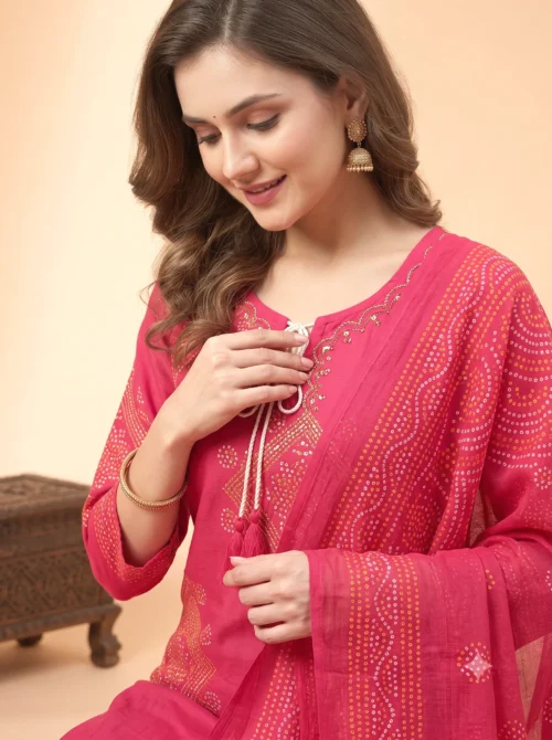 Women's Pure Cotton Bandhani Kurta Set with Palazzo & Dupatta