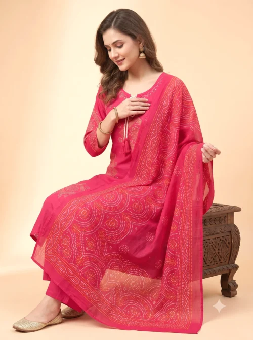 Women's Pure Cotton Bandhani Kurta Set with Palazzo & Dupatta