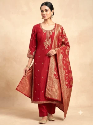 Festive Green Roman Silk Embroidered Kurta Set with Banarasi Jacquard Dupatta
