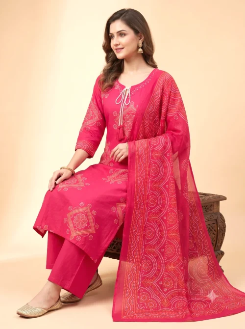 Women's Pure Cotton Bandhani Kurta Set with Palazzo & Dupatta