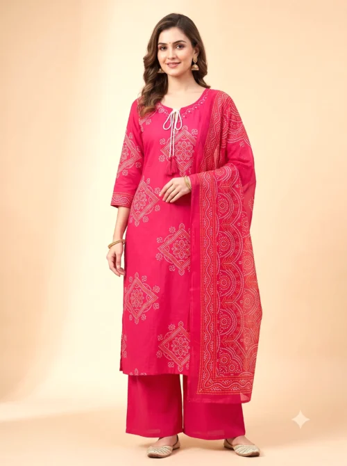Women's Pure Cotton Bandhani Kurta Set with Palazzo & Dupatta