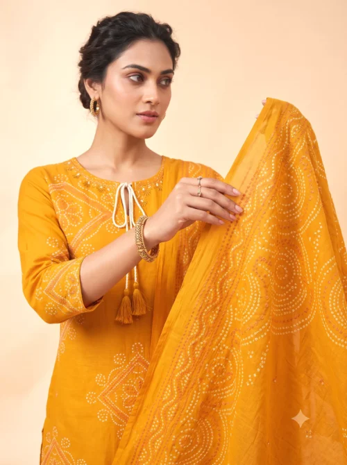 Yellow Pure Cotton Bandhani Printed Kurta Set with Palazzo & Dupatta