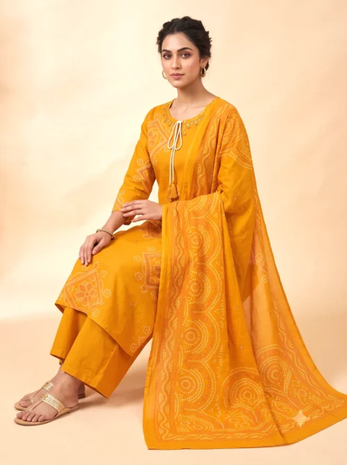 Yellow Pure Cotton Bandhani Printed Kurta Set with Palazzo & Dupatta
