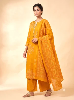 Yellow Pure Cotton Bandhani Printed Kurta Set with Palazzo & Dupatta