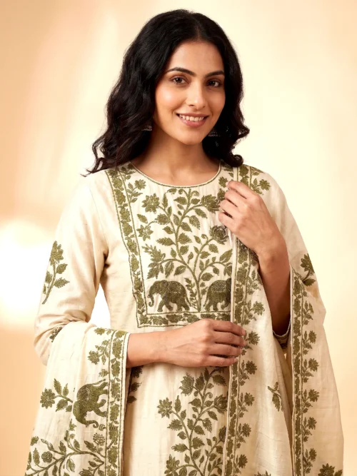 Pure Butter Muslin Brajbhoomi Printed Kurta Set with Pant & Dupatta