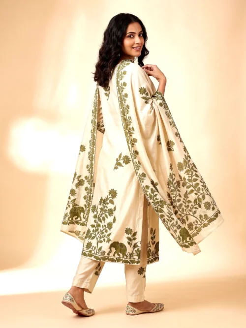 Pure Butter Muslin Brajbhoomi Printed Kurta Set with Pant & Dupatta