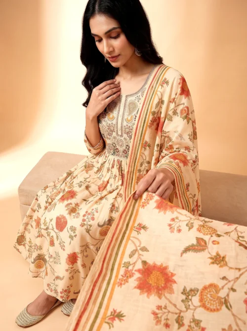 Premium Mal Chanderi Digital Print Flared Anarkali Kurta Set with Silk Pants & Dupatta