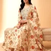 Premium Mal Chanderi Digital Print Flared Anarkali Kurta Set with Silk Pants & Dupatta
