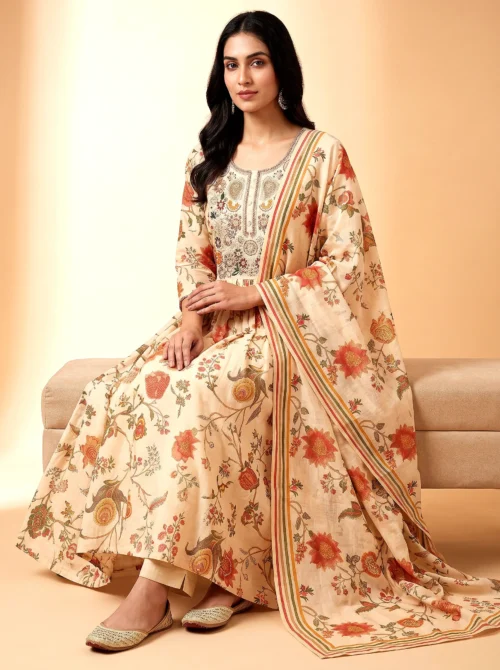 Premium Mal Chanderi Digital Print Flared Anarkali Kurta Set with Silk Pants & Dupatta
