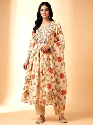 Premium Mal Chanderi Digital Print Flared Anarkali Kurta Set with Silk Pants & Dupatta