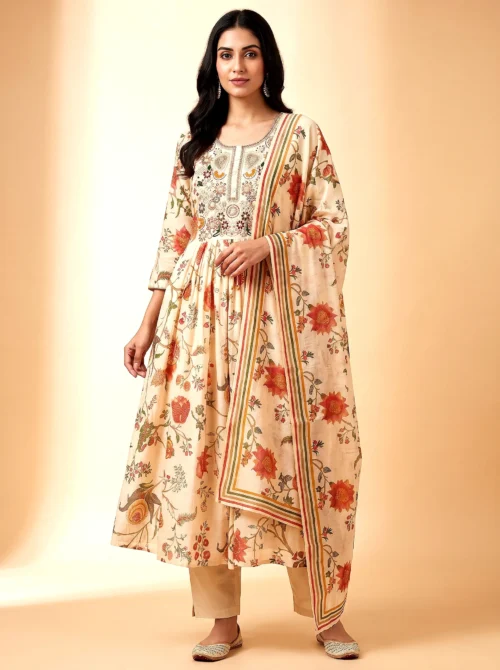 Premium Mal Chanderi Digital Print Flared Anarkali Kurta Set with Silk Pants & Dupatta