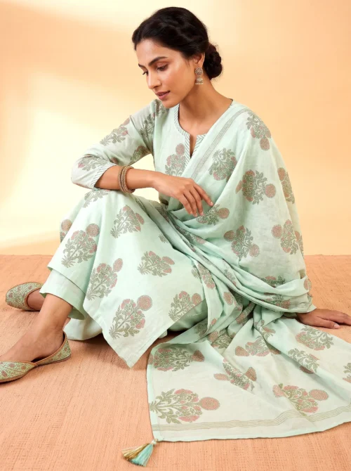 Women's Pure Cotton Floral Print Kurta Set with Palazzo & Dupatta
