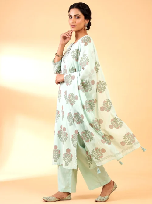 Women's Pure Cotton Floral Print Kurta Set with Palazzo & Dupatta