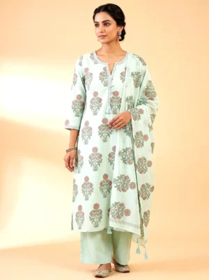 Women's Pure Cotton Floral Print Kurta Set with Palazzo & Dupatta