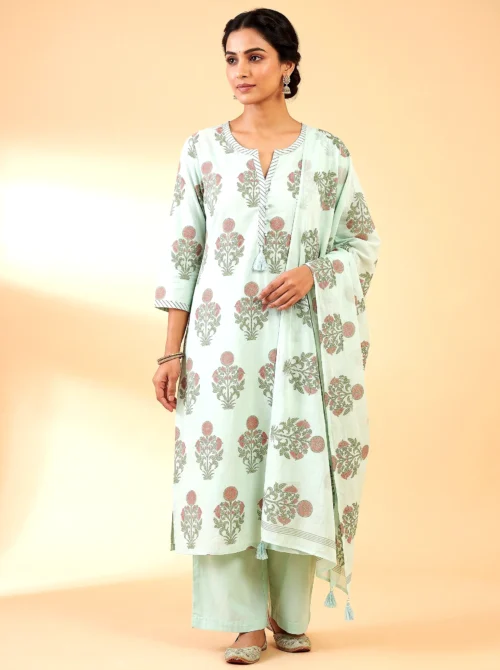 Women's Pure Cotton Floral Print Kurta Set with Palazzo & Dupatta