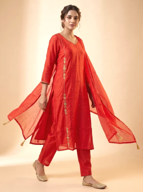 Premium Rust Mal Chanderi A-Line Festive Kurta Set