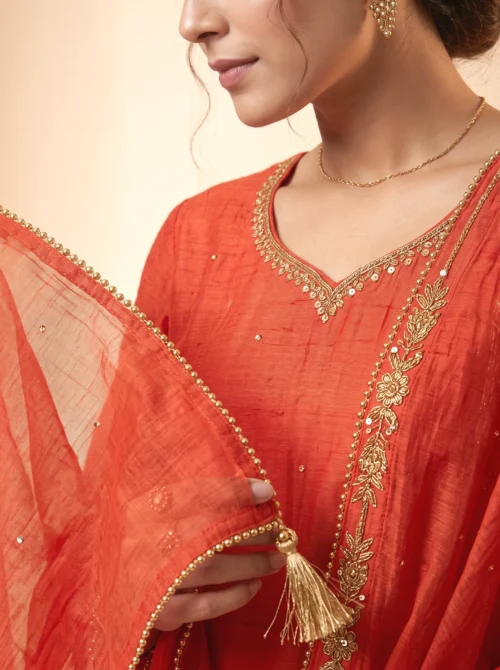 Premium Rust Mal Chanderi A-Line Festive Kurta Set