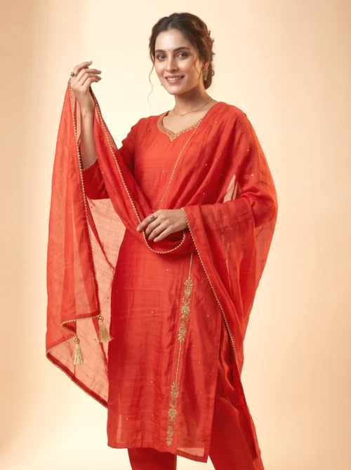 Premium Rust Mal Chanderi A-Line Festive Kurta Set