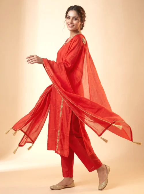 Premium Rust Mal Chanderi A-Line Festive Kurta Set