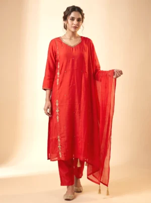 Premium Rust Mal Chanderi A-Line Festive Kurta Set