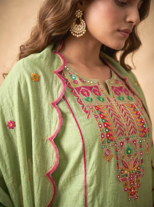 Premium Mal Chanderi Embroidered A-Line Kurta Set with Silk Pants & Dupatta