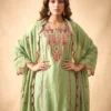 Premium Mal Chanderi Embroidered A-Line Kurta Set with Silk Pants & Dupatta