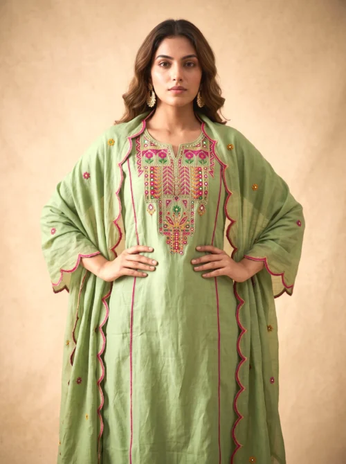 Premium Mal Chanderi Embroidered A-Line Kurta Set with Silk Pants & Dupatta
