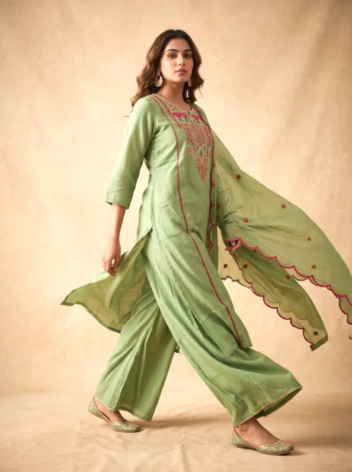 Premium Mal Chanderi Embroidered A-Line Kurta Set with Silk Pants & Dupatta