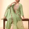 Premium Mal Chanderi Embroidered A-Line Kurta Set with Silk Pants & Dupatta