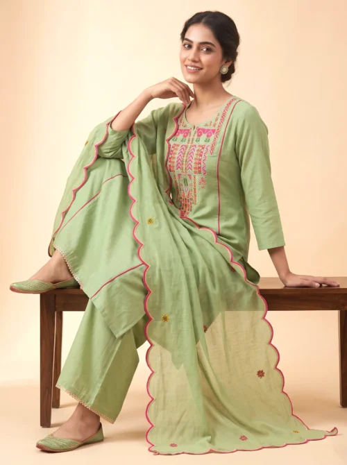 Premium Mal Chanderi Embroidered A-Line Kurta Set with Silk Pants & Dupatta