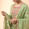 Premium Mal Chanderi Embroidered A-Line Kurta Set with Silk Pants & Dupatta
