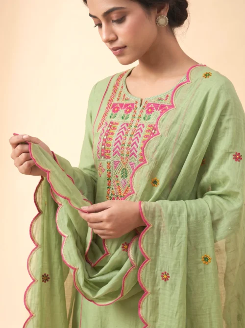 Premium Mal Chanderi Embroidered A-Line Kurta Set with Silk Pants & Dupatta